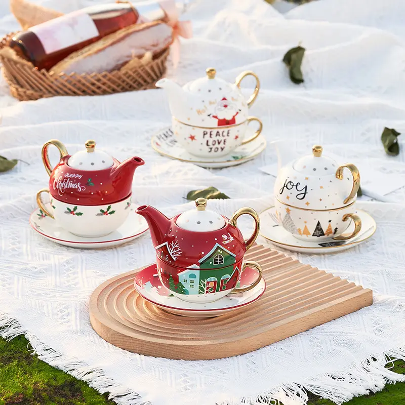नई हड्डी चीन क्रिसमस कप और तश्तरी उपहार सिरेमिक चाय का सेट के साथ एक व्यक्ति के लिए एकल पॉट चायदानी चाय के लिए एक