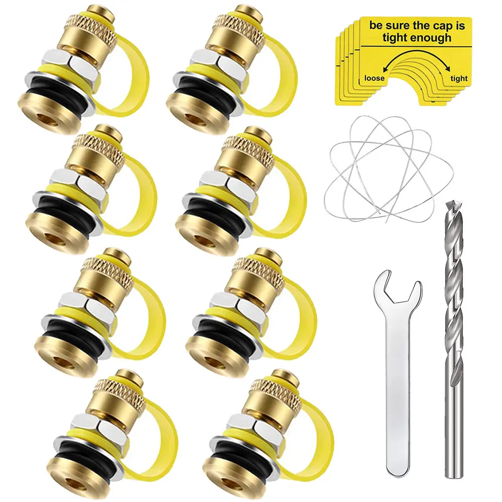 6pcs Brass Fuel Gas Can Vent Caps Kits for Gas Fuel Can Allow Faster Flowing with Drill, Wire, Wrench and Warning Stickers