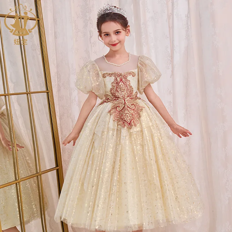 Nimble Vintage Champagne lantejoulas Tulle Flower Girls Vestidos de casamento Toddler Kids Pageant Party Gown Crianças Vestuário 1-12Years