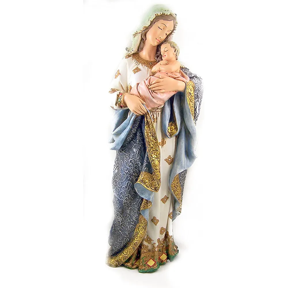 Fábrica personalizado jesus e virgem maria fotos itens religiosos decoração home estátua maria et bebê jesus en resina