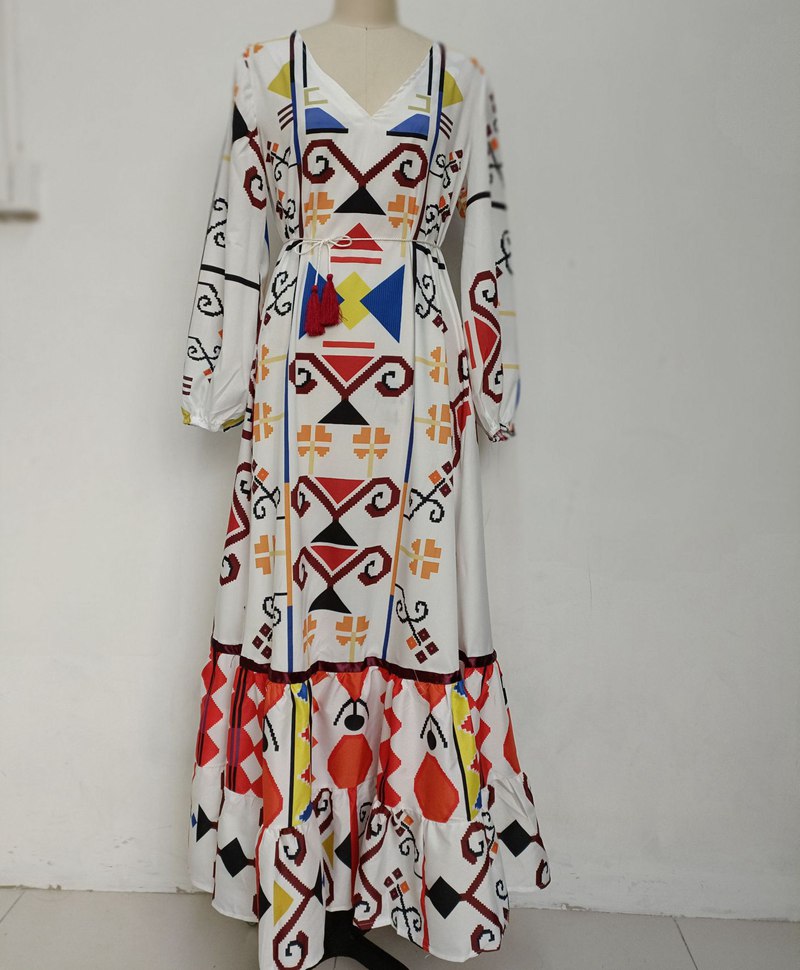 Y220233 Fashion Holiday Style V Neck Long Sleeve Printed Casual Women's Dress