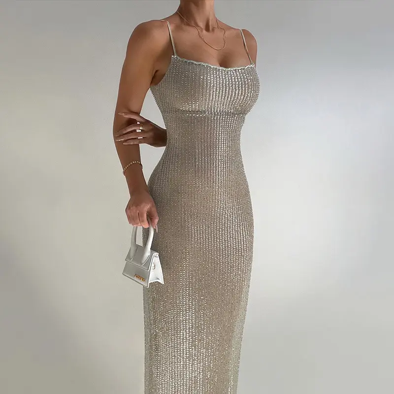 Venta al por mayor 2024 ropa de las señoras resbalón sin mangas bodycon MIDI lentejuelas Bling vestido vestidos de fiesta de las mujeres