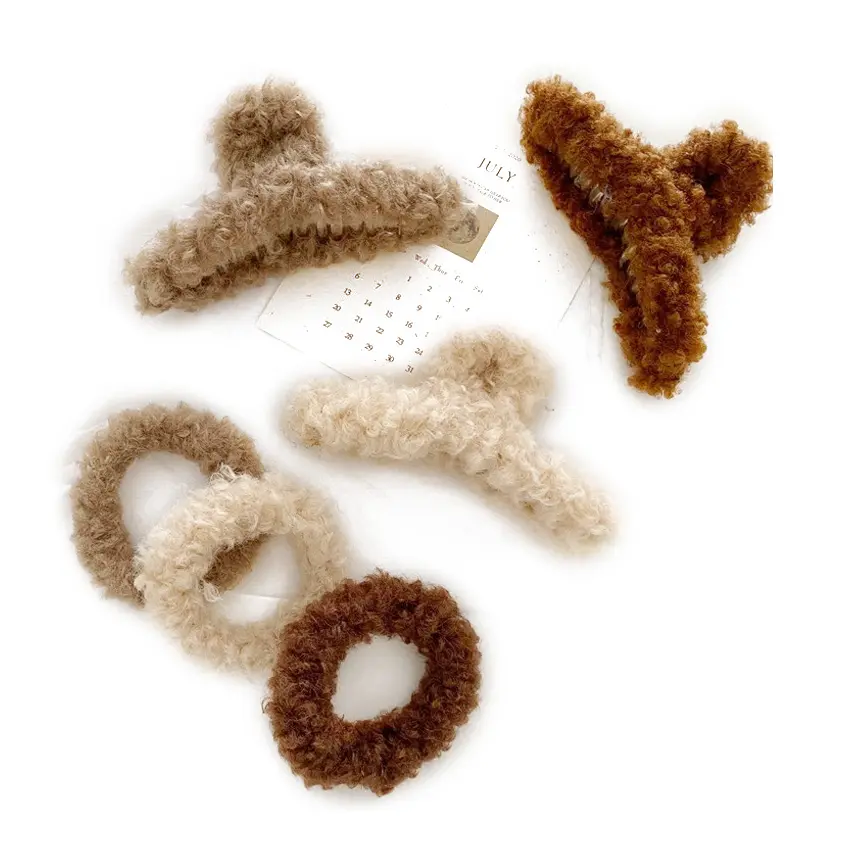 Coreano marrone peluche Teddy Furry clip morsetti imitato lana di agnello inverno grandi artigli per capelli soffici Set di cravatte elastiche per capelli per le donne