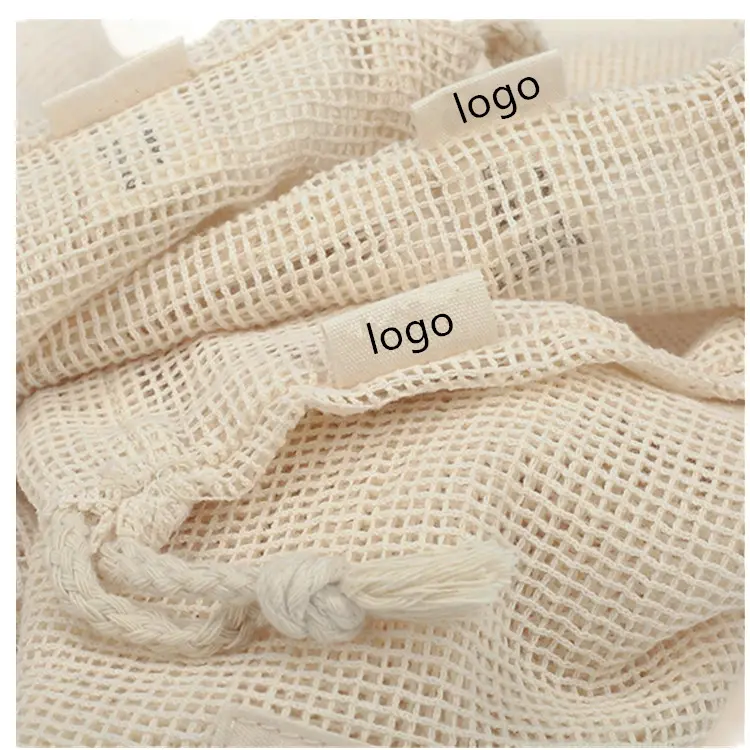 Bolsa reutilizável de malha de algodão, sacos de malha de algodão reutilizáveis com cordão