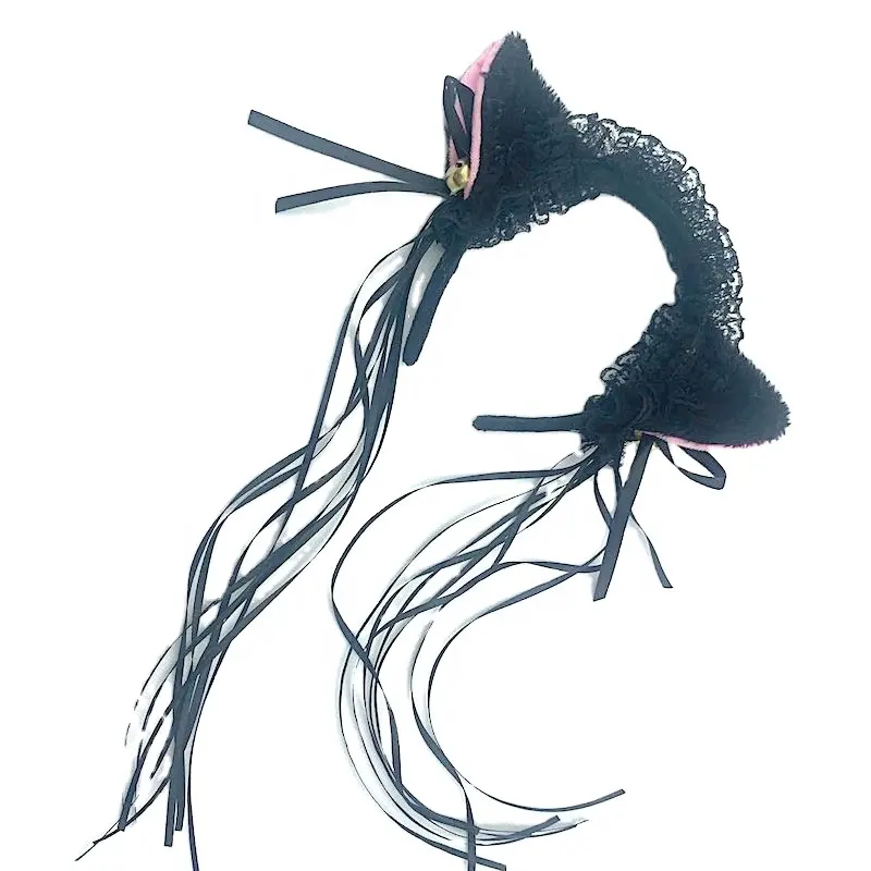 Partido Cosplay Traje Animal da Pele Do Falso Raposa Gato Ouvido Hairband Mulheres Sinos de Veludo Preto de Renda Lolita Laço de Fita Headband Do Dia Das Bruxas