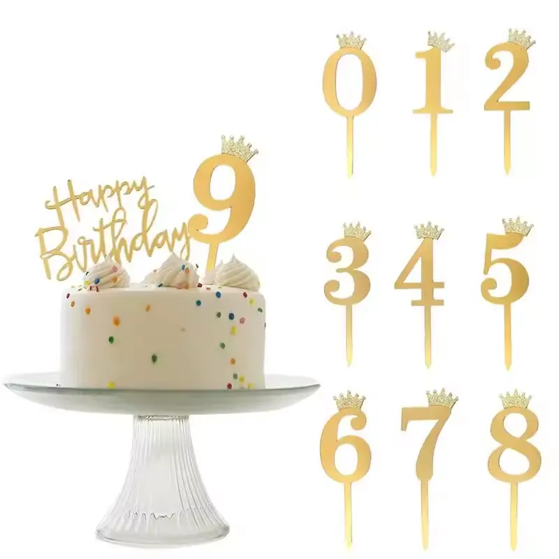 Toppers de acrílico para bolo, acessório de ouro para decoração de cupcake, presente de aniversário, festa, casamento, decoração, com números de 0 a 9