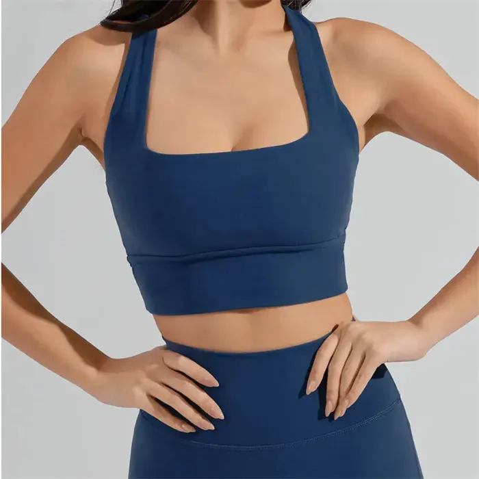 2023 Women Solid Recycle Nylon Spandex Gym Fitness Cross Back Thin Straps Sports bra