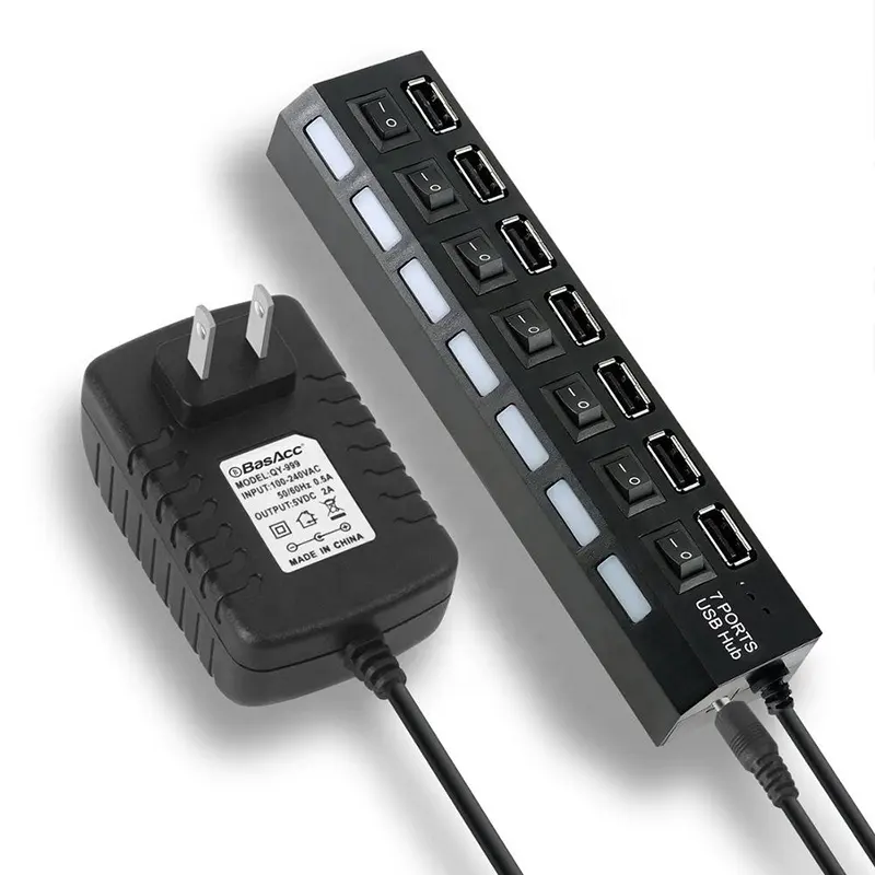 Concentrador USB 2,0, multifunción, concentrador alimentado, 7 puertos con fuente de Alimentación de 5V y 2A