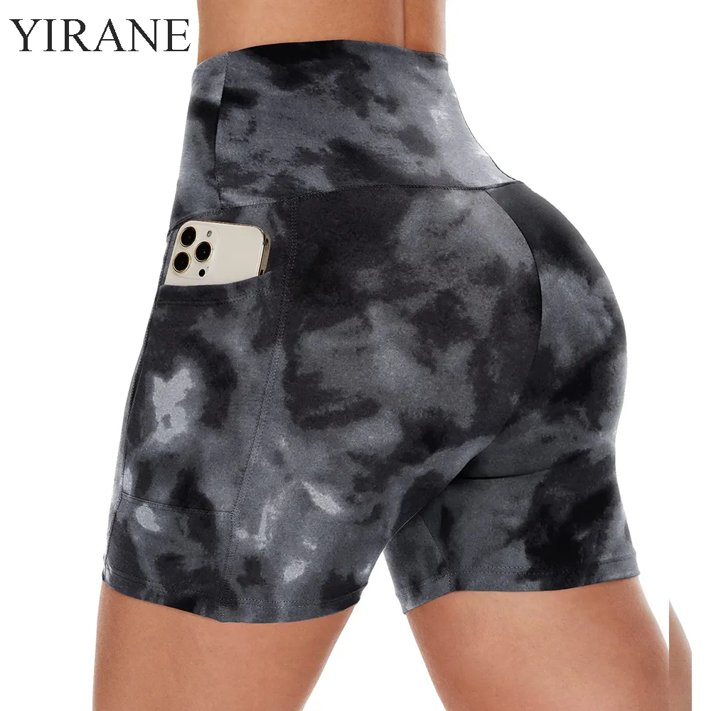 YIRANE Biker Shorts Women with Pockets 5" High Waisted Workout Spandex Tummy Control Gym Running Yoga Shorts