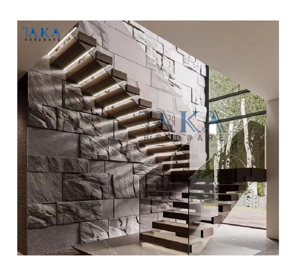 Modern Simple Design Interior Marble Floating Straight Staircase Marble Tread Steps and Tempered Glass Floating Stairs