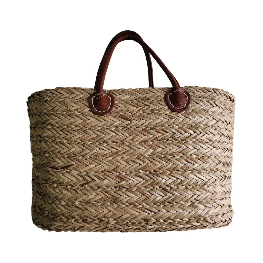 Nianyang — grand panier en paille pour femme, sac à main fait main en matériel naturel, poignée en cuir, fourre-tout en paille de mer, pour la plage, l'été,