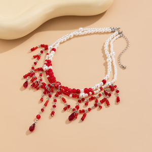 Dark Style Tassel Imitation <strong>Red</strong> Dripping Beaded Crystal Necklace Personality Pearl Multi-Layer Collarbone Necklace <strong>Chain</strong>