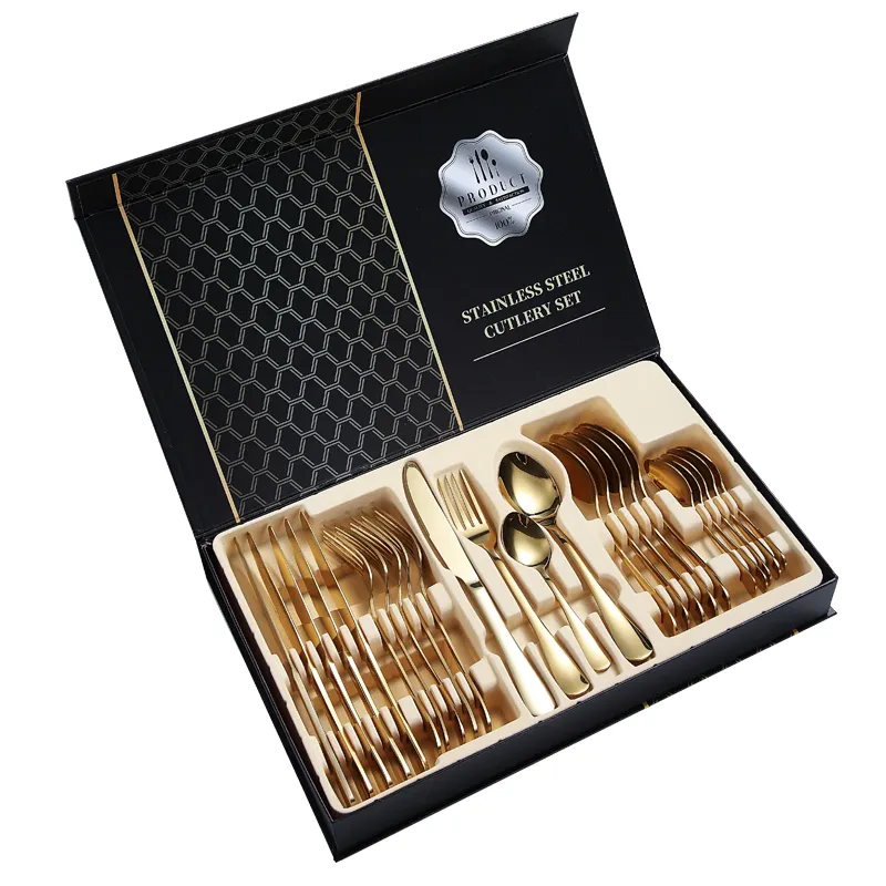 Hot Selling Besteck 24 Stück Geschenkset Gold Besteck Edelstahl Besteck Set mit Box 24 Stück Bestecks ets