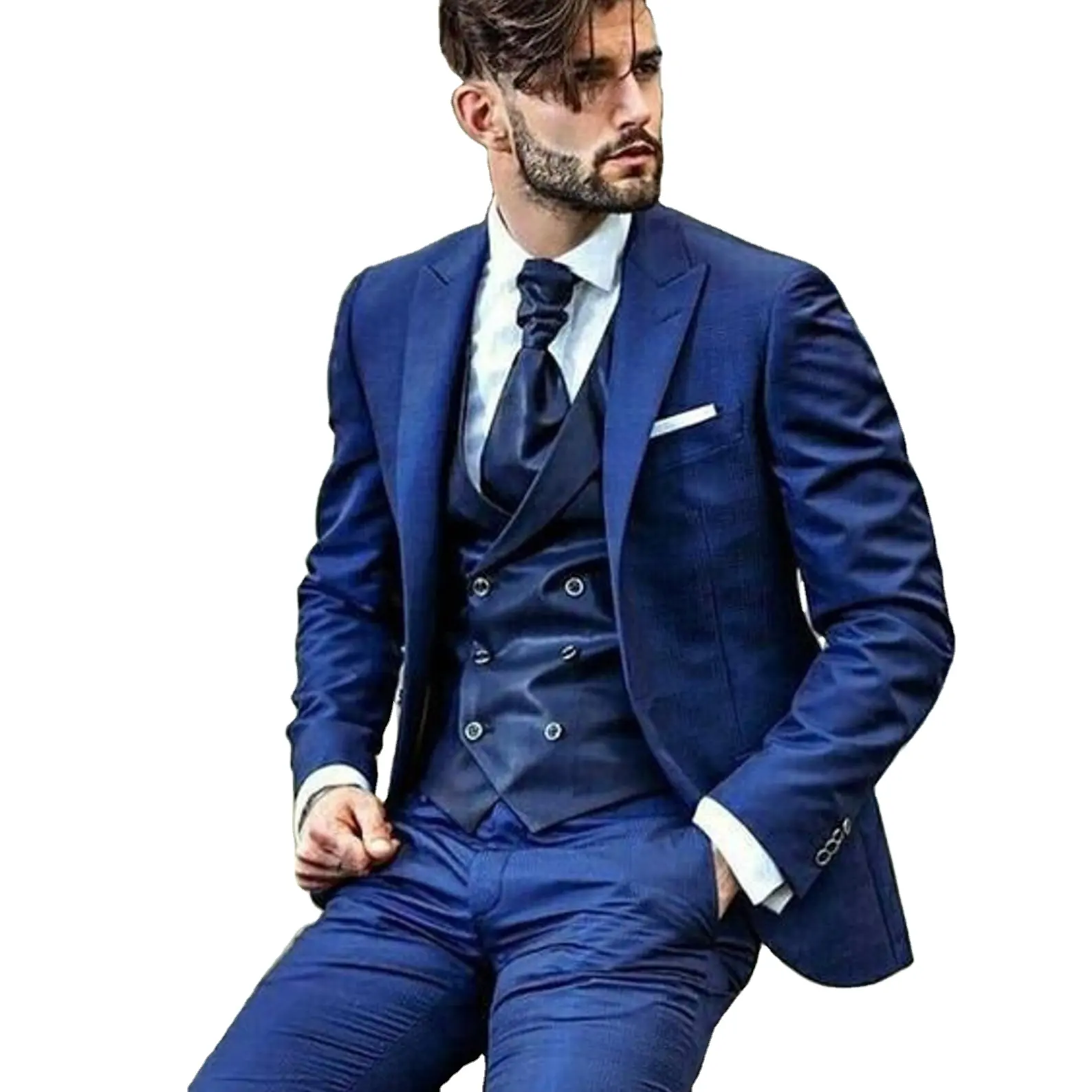 Trajes azules ajustados para hombre, ropa de fiesta de verano, traje de negocios de 3 piezas con un botón a medida