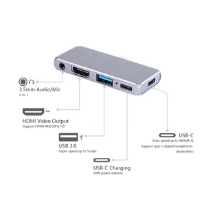 快速5合1 usb-c PD适配器闪电-快速数据传输usb-a 3.0音频麦克风端口4K @ 30Hz 60W 5gb/s Rohs认证铝 - Product Image 2