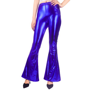 キングマクグリーンスターメタリックウェットルックのフレアパンツ女性用弾性ウエスト70年代ディスコダンスパーティータイトワイドレッグパンツ - Product Image 2