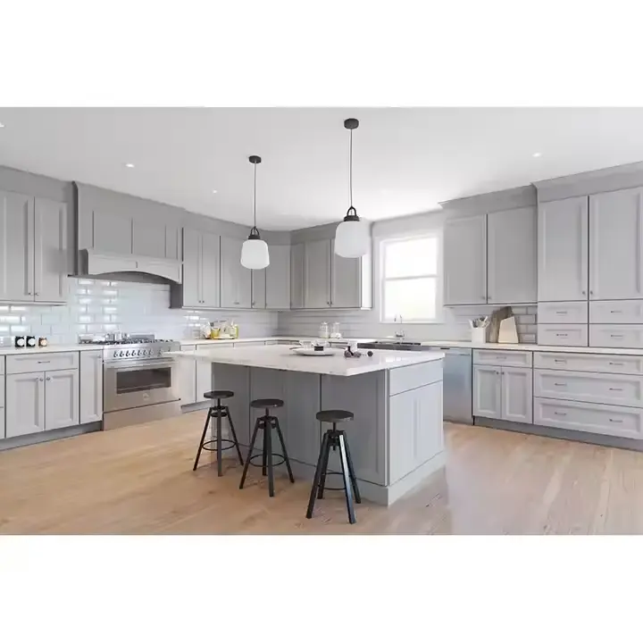 2024 novos armários de cozinha populares em madeira maciça estilo porta agitadora cor cinza