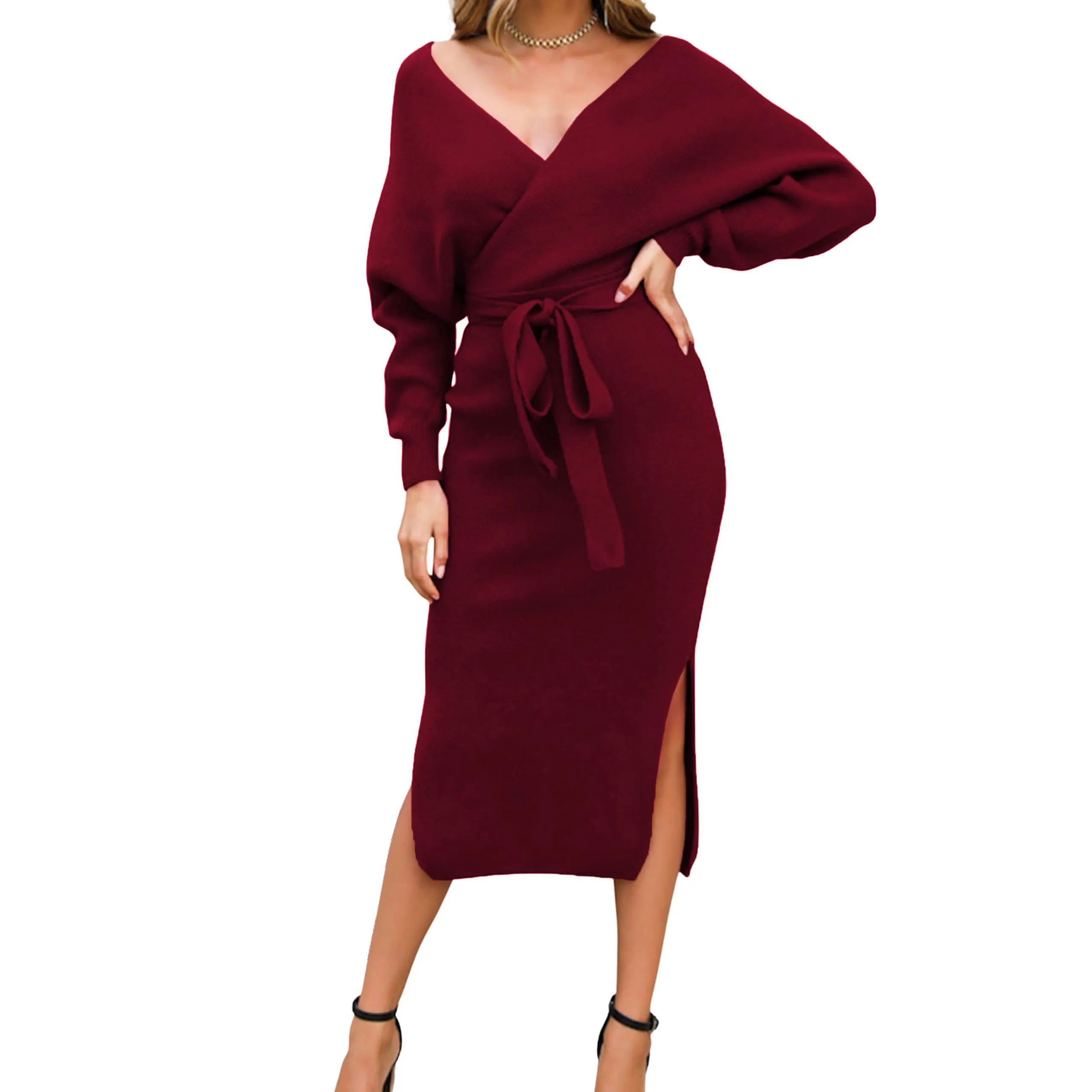 女性のセクシーなカクテルバットウィング長袖バックレスモックラップニットセータードレス