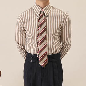 春夏时尚条纹长袖衬衫男士经典棕色意思乡绅服装百条衬衫