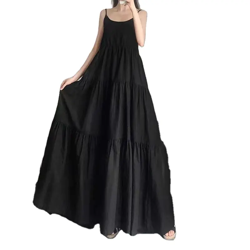 Suelto de gran tamaño 300 catties verano negro A-line falda vestido de correa larga Mujer gordo mm alto vestido de mujer