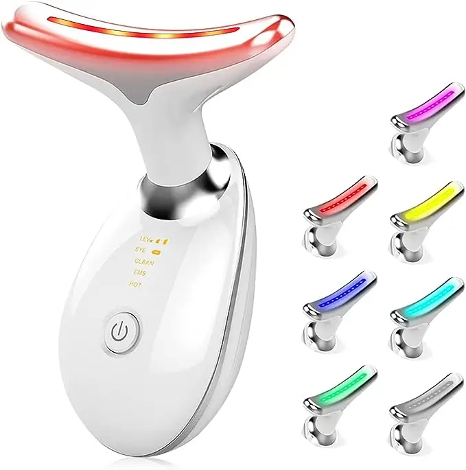 Dispositivo de beleza para pescoço com aquecimento de microcorrente, massageador removedor de pele, terapia LED de 7 cores, instrumento de beleza para levantamento de rosto e pescoço