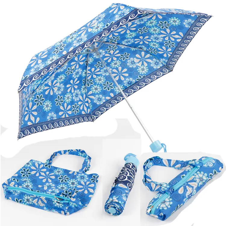 Full Flower Printing 3 Fold Windproof Travel Umbrella With Bag
