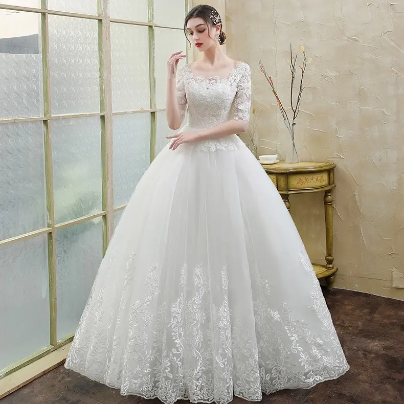 Vestido de casamento, flor novo estilo noiva plus size sonoro manga comprida laços up baile elegante luxo apliques