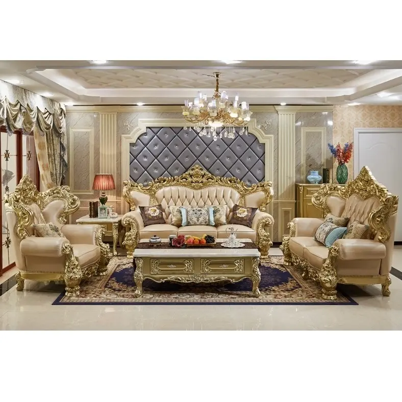 Sofá antiguo de estilo americano para sala de estar, Conjunto Clásico de sofá de piel auténtica