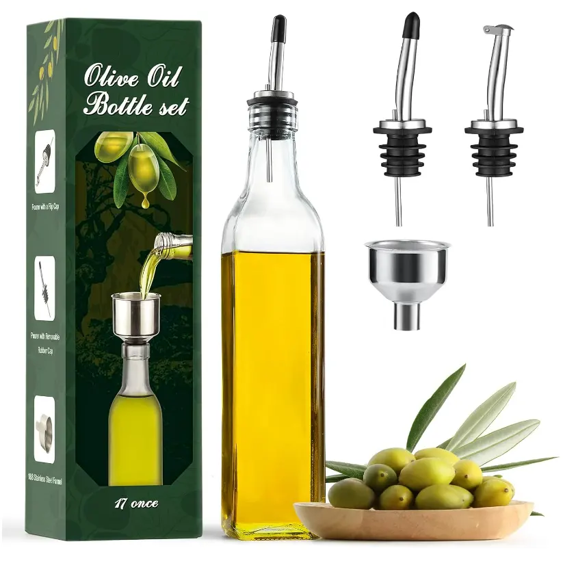 Venta caliente 16oz 500ml Botella dispensadora de aceite de oliva de cocina de vidrio transparente con tapas de caños