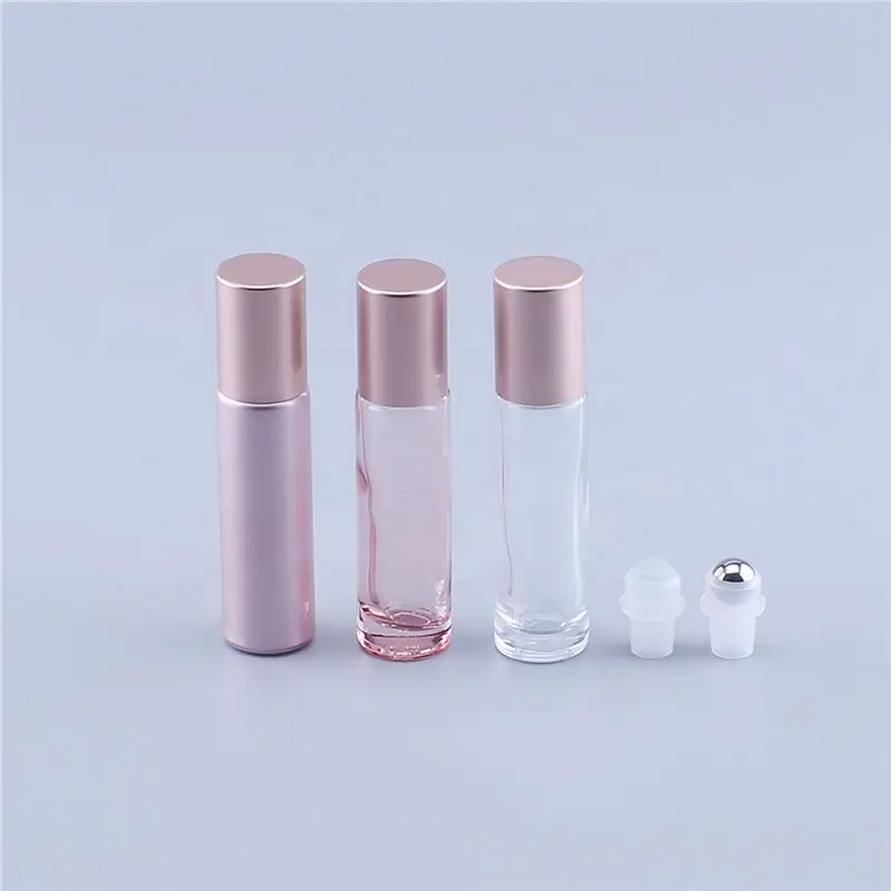 Rolo de vidro para uso em óleo essencial, rolo rosa de 10ml para perfume com vidro ou esfera de rolo de aço inoxidável e tampa de ouro rosado