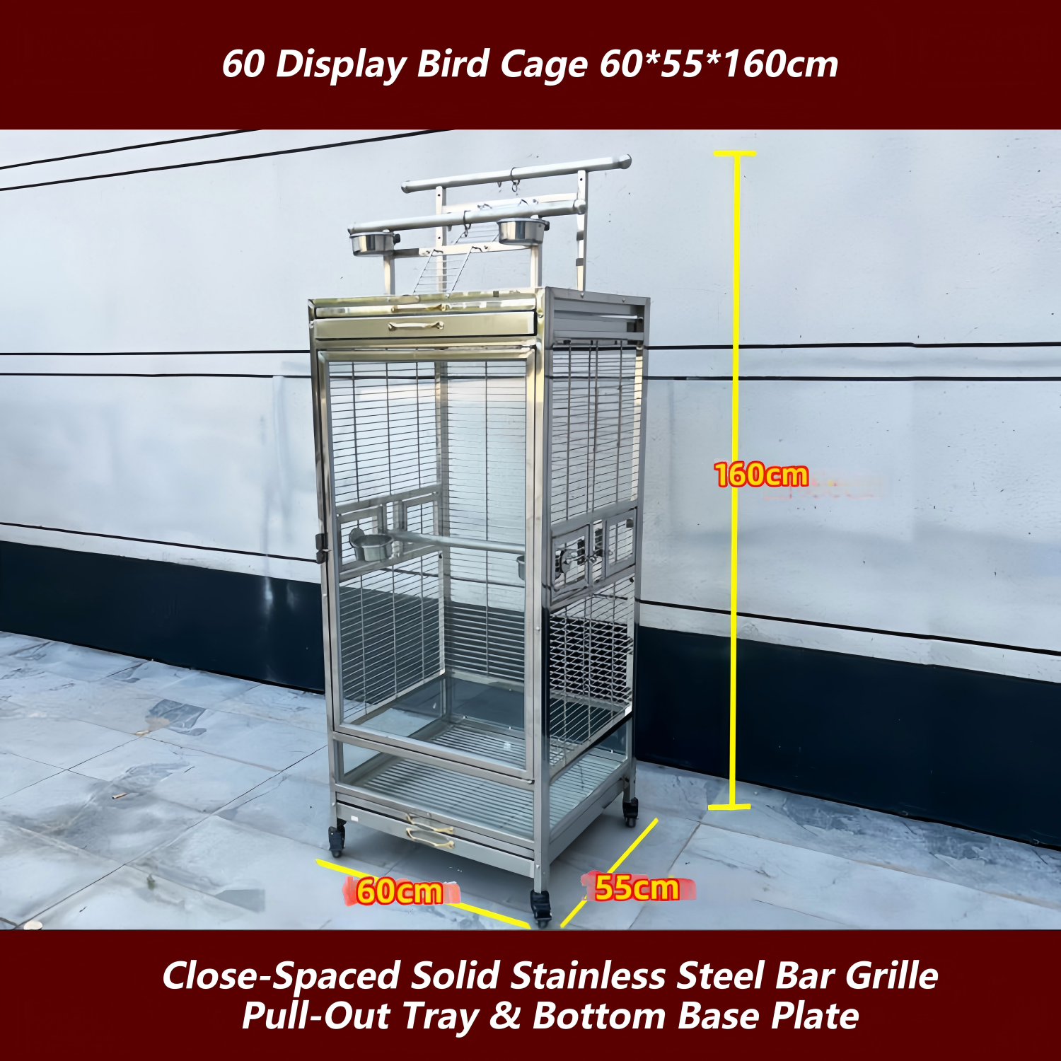 Cage à oiseaux argentée 60, dimensions 60*55*160cm