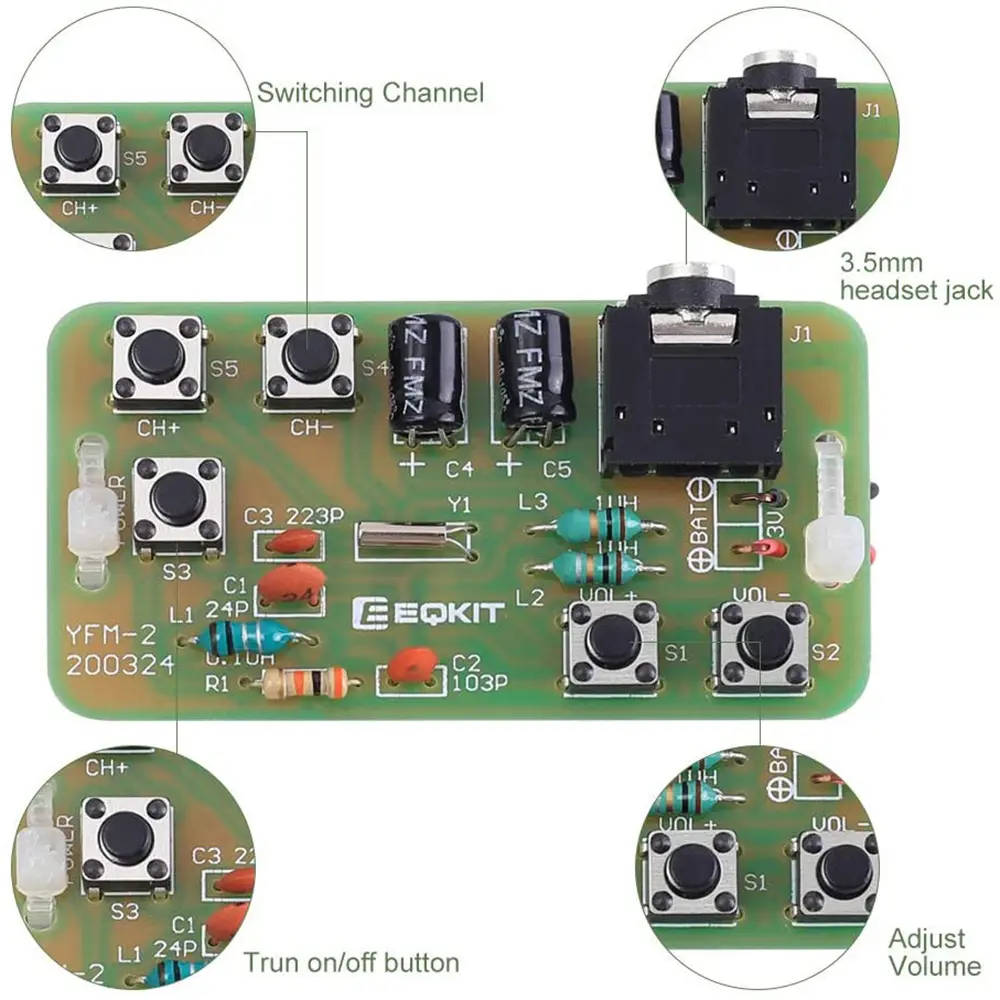 Kit diy fm módulo de rádio estéreo, 76-108mhz receptor sem fio dc 3v placa de circuito pcb projeto de prática de solda para labens escolares