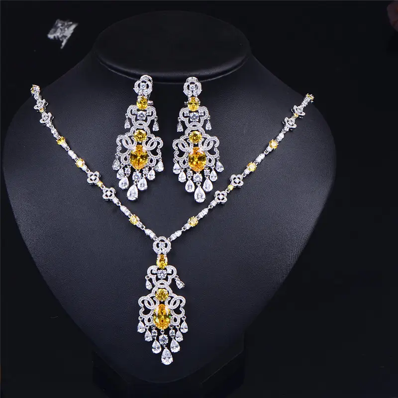 RAKOL SP193 Vintage Design Luxury Hollow Process sapphire bule Water Drop CZ Crystal Stone collana orecchino Set di gioielli da sposa