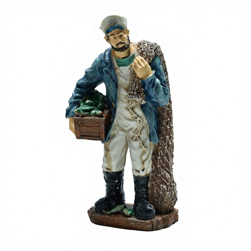 Figura de resina de marinero con red de pesca en la espalda.