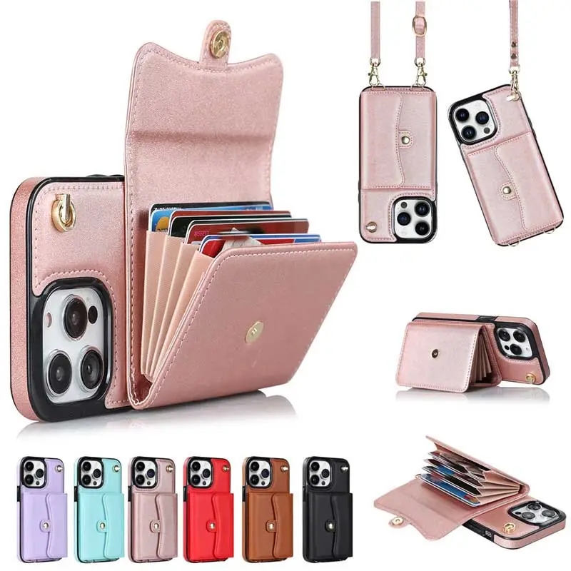 Multi Function Crossbody Lanyard PU Leather Case for iphone 15 Pro Max 14 13 12 11Pro XS XR 7 8Plus Wallet Card Slot Phone Cover