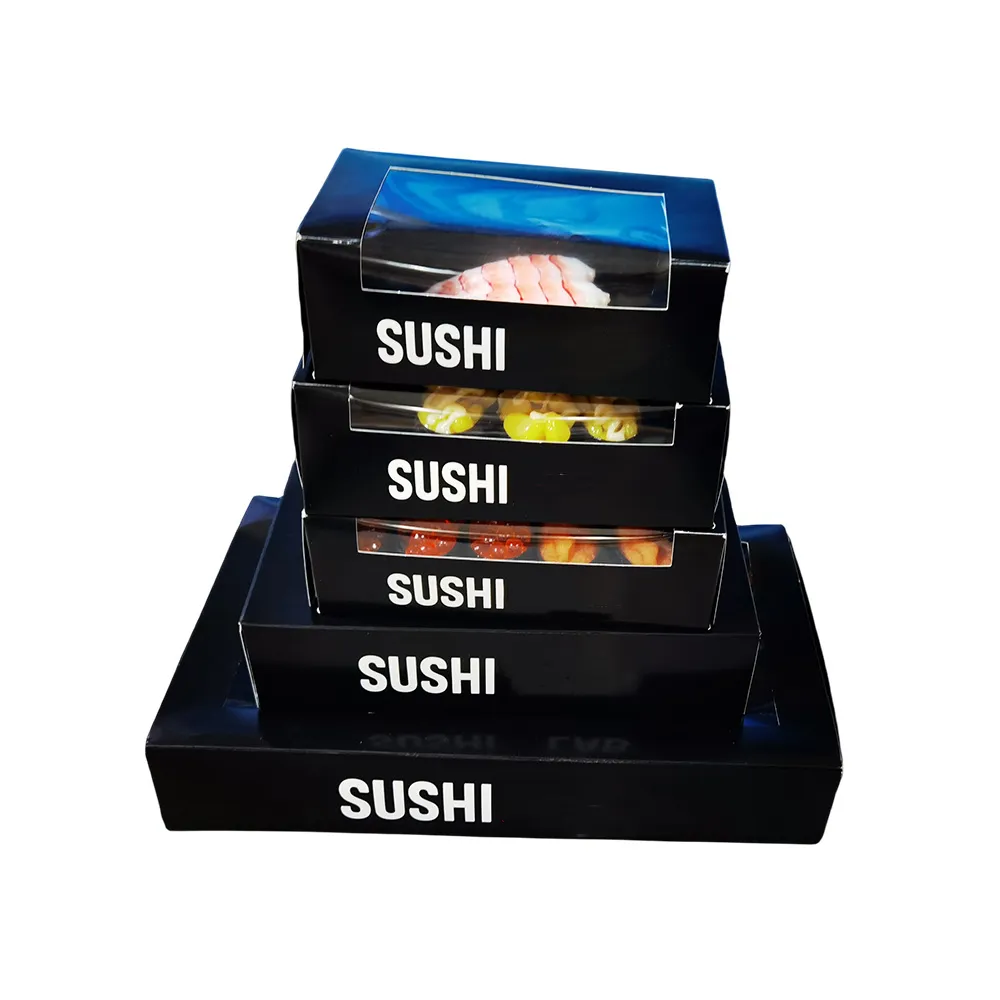 Boîte de papier à sushi avec fenêtre Boîte à gâteau en papier kraft noir jetable de luxe Offre Spéciale créative Boîte à gâteau de riz standard