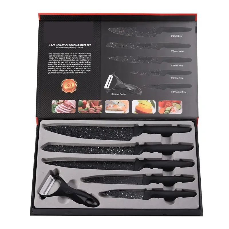 Black and White 6 Pcs Kitchen Knife Set Non-stick Stainless Steel Knives With Peeler Comfortable Handle Beautiful Cooking Tools