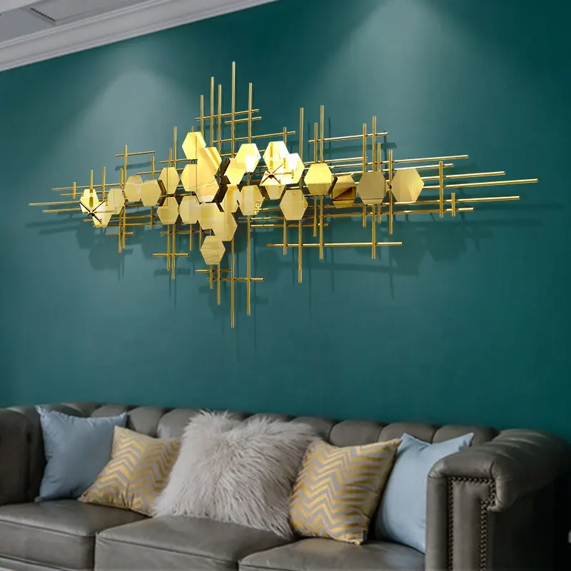 Decoración de pared de estilo moderno para sala de estar, colgante de arte 3D geométrico dorado para decoración del hogar, venta directa de fábrica