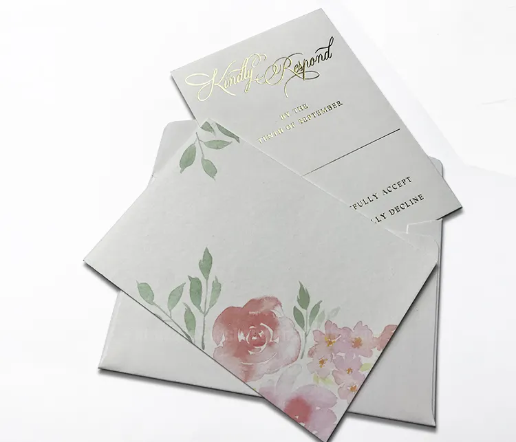 Impresión de sobres blancos juegos de tarjetas de felicitación personalizadas invitaciones de boda doradas