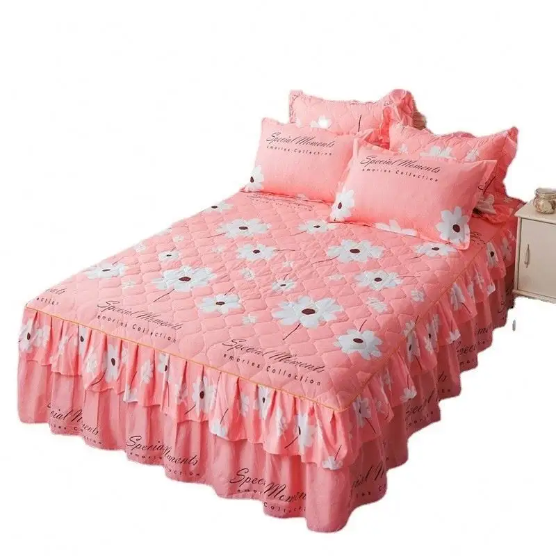 Ropa de cama de algodón con flores, edredón grueso acolchado, cubierta de falda