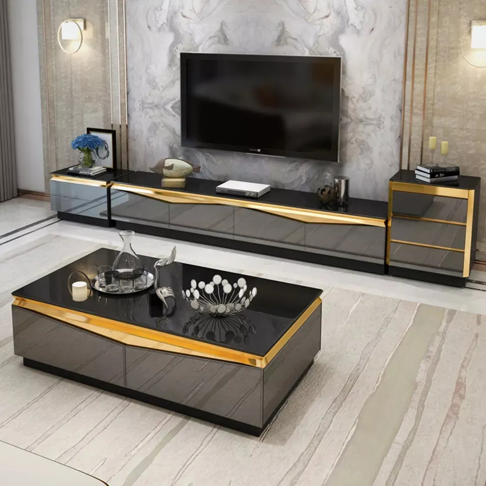 Moderne Luxus Gold Metall weiß schwarz TV-Ständer Mitte Tee tisch und TV-Konsolen schrank steht Kombination Wohnzimmer möbel