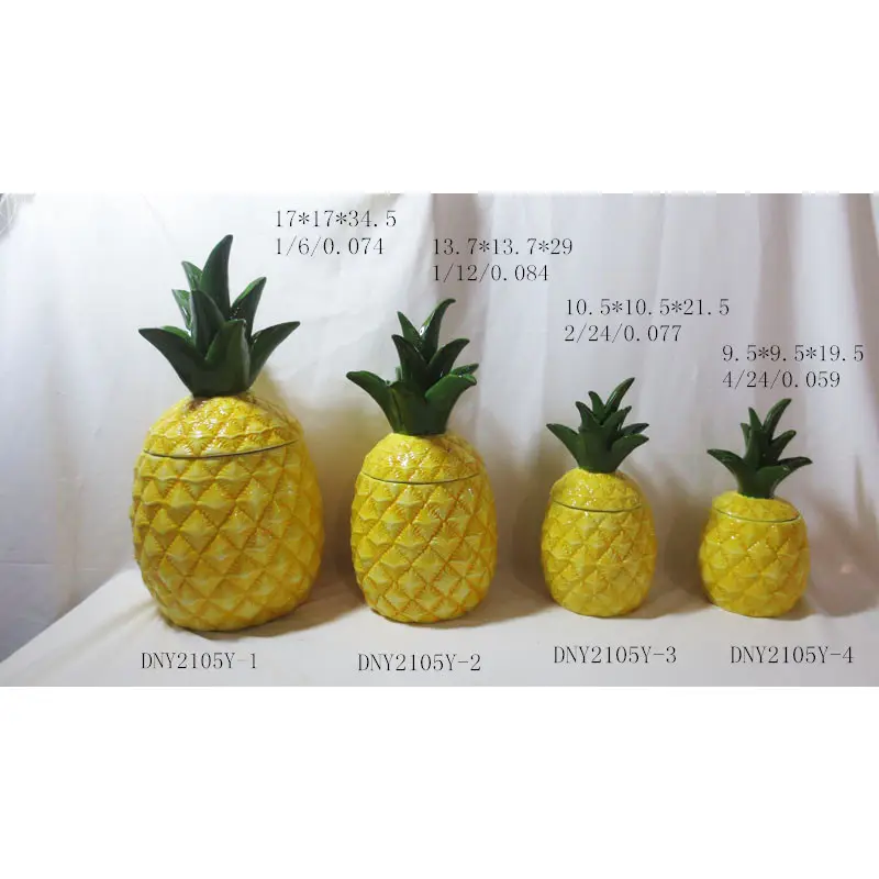 Potes de cerâmica personalizados, conjunto de 4 jarras de cozinha de folha amarela e verde de abacaxi com tampa para decoração de alimentos