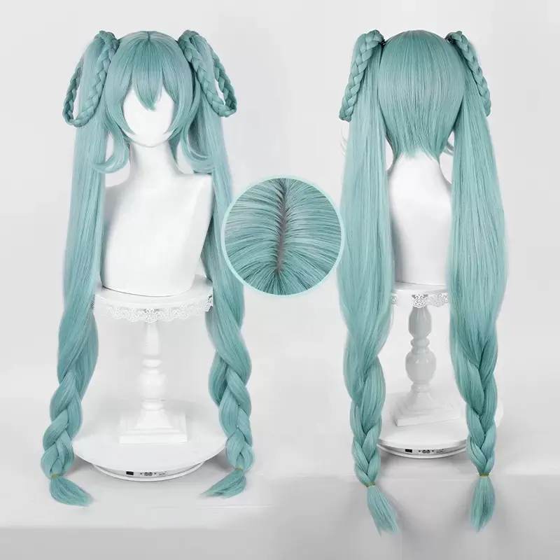 Venta al por mayor Miku Start flores peluca Cosplay 100cm largo verde mezclado sintético Anime Halloween fiesta Vocaloid Cosplay Cola de Caballo peluca