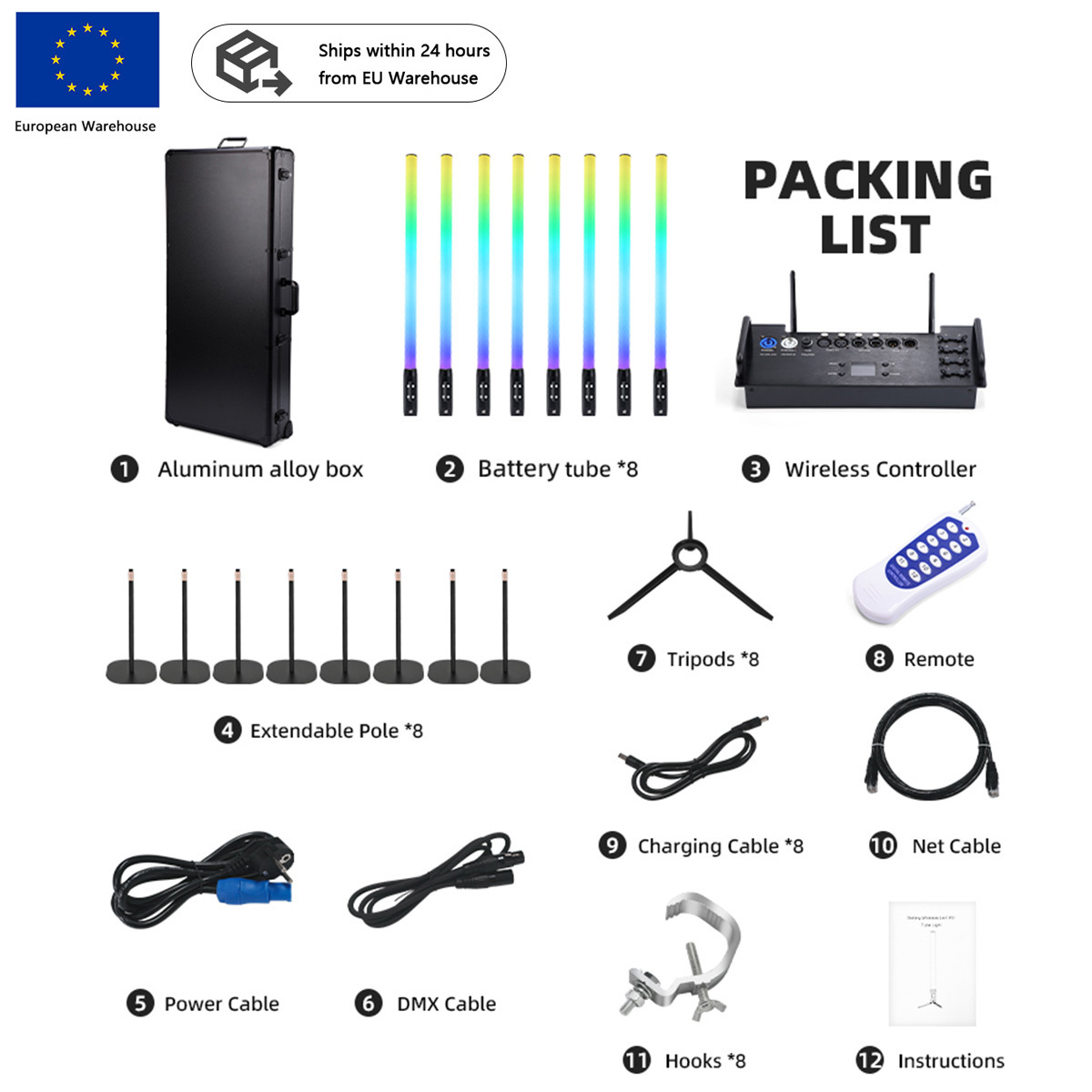 8 tubi per batterie con flight case