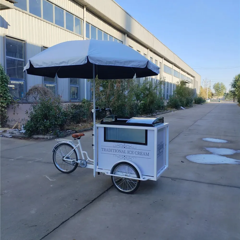 Grande guarda-chuva bicicleta moda nova marca próprio LOGOTIPO personalizado freezer sobre rodas display triciclo carrinho móvel