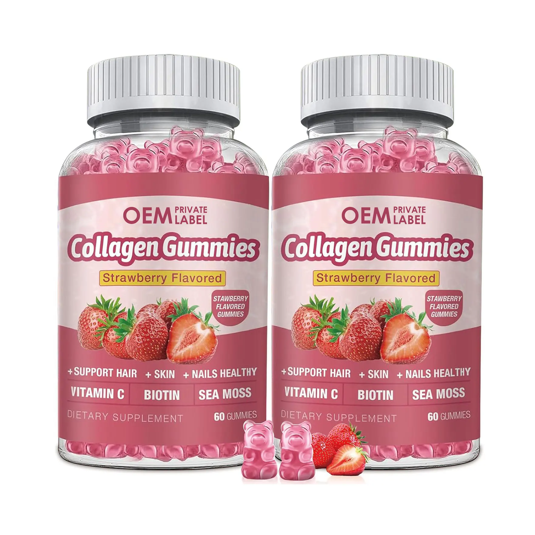 Gomitas OEM de biotina para la piel del cabello Gomitas de colágeno con sabor a fresa con vitamina C Biotina Musgo marino Soporte para la piel del cabello Uñas saludables