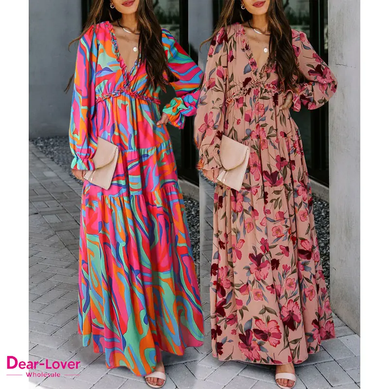 Dear-Lover Mùa Thu Vestidos Hoa Cô Gái Ăn Mặc Maxi Hoa In Bohemian Dài Phụ Nữ Thanh Lịch Giản Dị Dresses