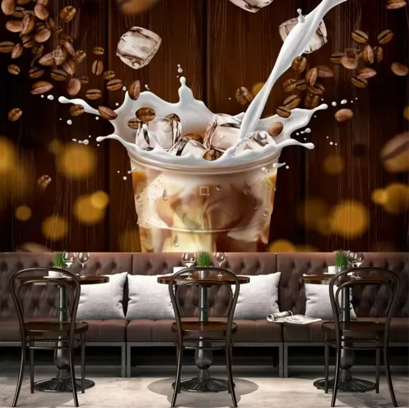 Retro Wooden Iced Latte Coffee Wallpaper Industrial Decoration Mural Cafe Restaurant Bar KTV Background Wallpaper