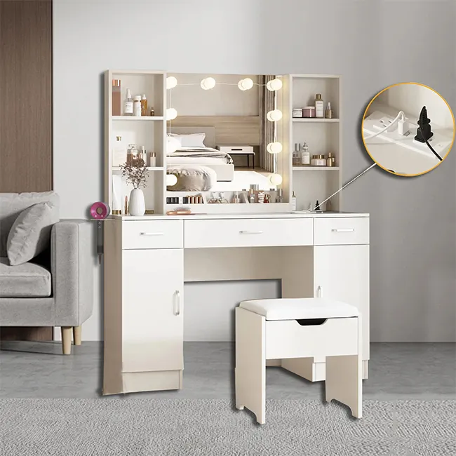 Penteadeira de madeira moderna para quarto doméstico personalizado de fábrica com espelho e gavetas para quarto