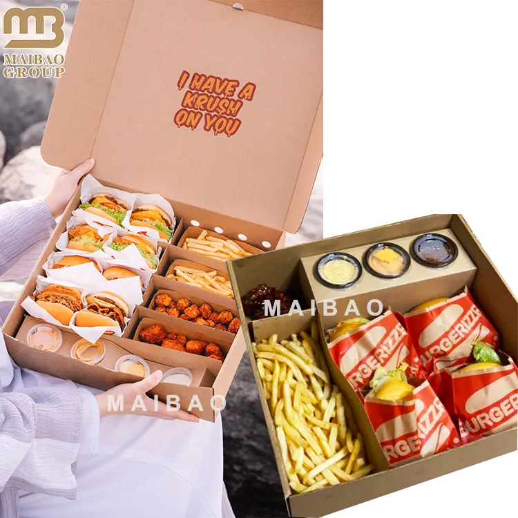 Logotipo personalizado tirar caixa de papel kraft para comida takeaway brunch pastoreio frango frito hambúrguer fast food caixa embalagem com divisor